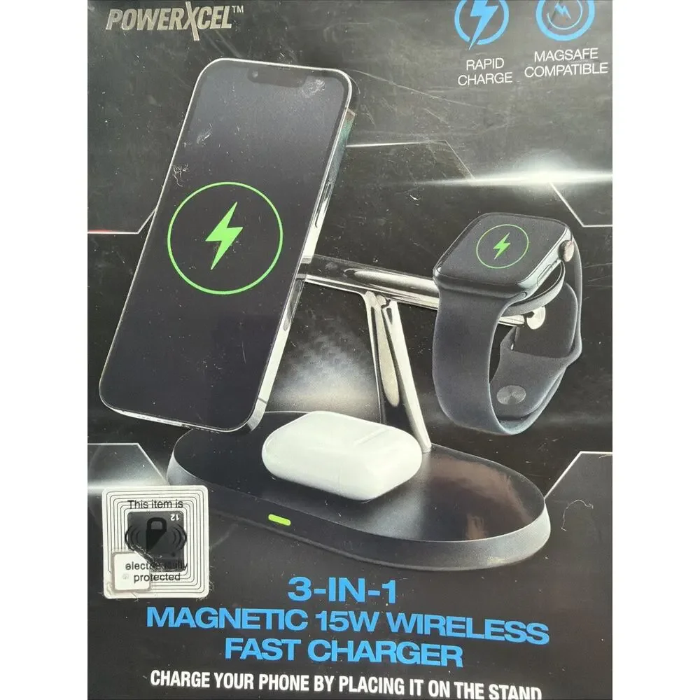 Powerxcel 3 In 1 Magnetic 15w Wireless Fast Charger In Black Brand New